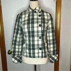 Aeropostale Jacket Off Set Buttons Collared Plaid Women XS Cream Black Pockets